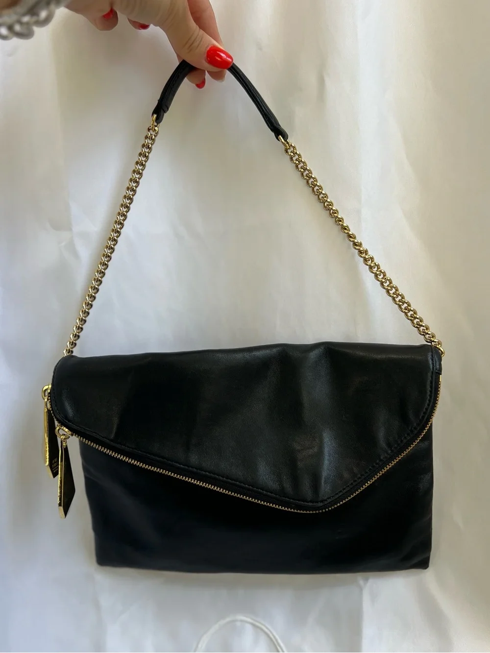 Henri Bendel Black Leather Envelope Shoulder Bag Clutch Gold Chain